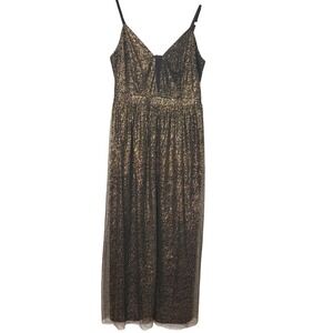Black Gold Metallic Cocktal Maxi Dress Large Sheer Overlay Formal Glam Shimmery